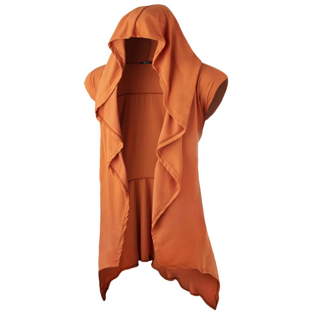 GIVON Longline Hooded Cardigan Ruffle Shawl Collar Open Front Sleeveless Drape Cape Overcoat with Pockets / DCC756-ORANGE-S
