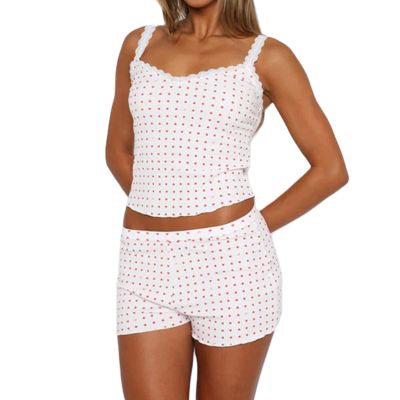 Winioder Women Y2K Floral Pajama Set Sleeveless Cami Crop Tops and Bodycon Shorts Set Teen Girls Cute Aesthetic Pajamas Set(D Red,L)