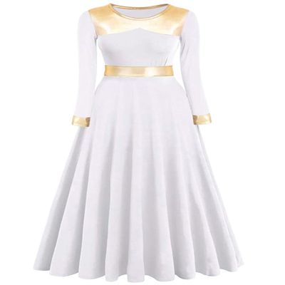 ELLYDOOR Women's Praise Dance Dress Metallic Bi Color Liturgical Worship Costume Lyrical Dancewaer Church Robe White, Tag M
