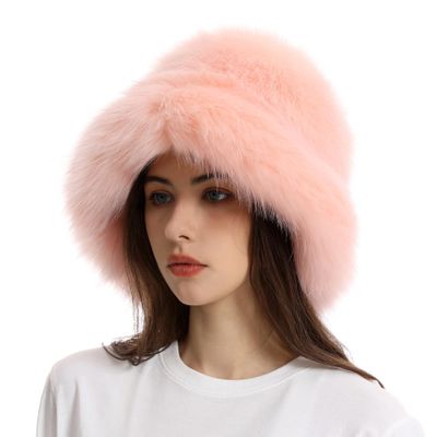 Auhoho Womens Warm Fuzzy Bucket Hat Fluffy Furry Faux Fur Hats Winter Plush Fisherman Fluffy Wide Brim Hats (Light Pink)