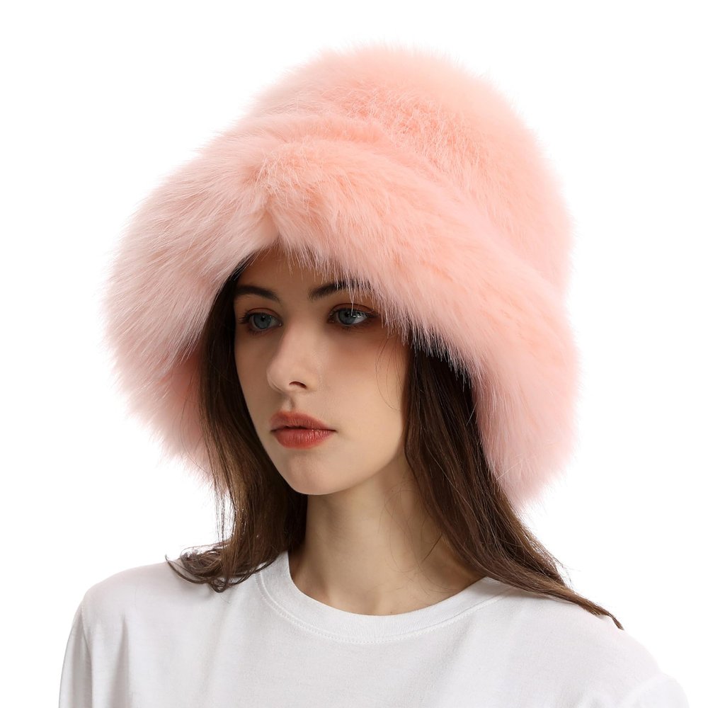 Auhoho Womens Warm Fuzzy Bucket Hat Fluffy Furry Faux Fur Hats Winter Plush Fisherman Fluffy Wide Brim Hats (Light Pink)