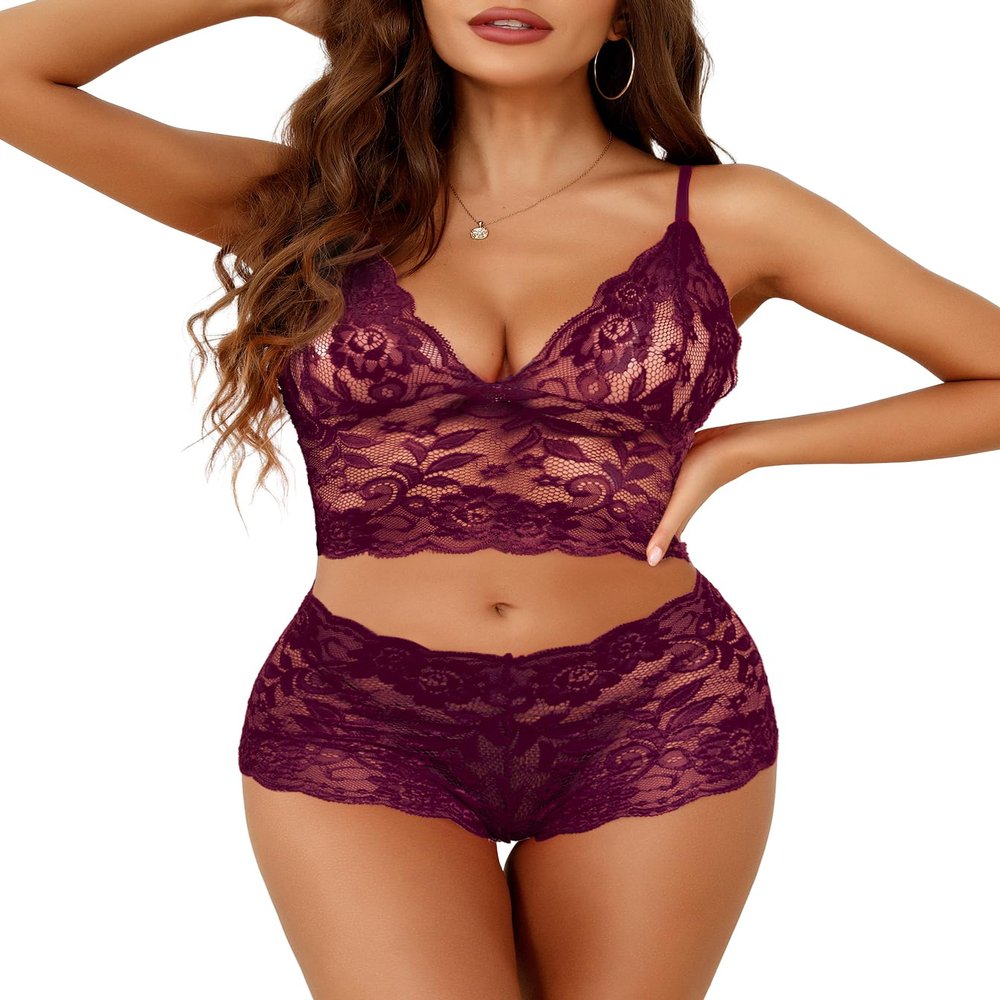 Lilosy Petite Sexy Women Floral Lace Pajamas Lingerie Set High Waist Sheer Sleepwear See Through Nightwear Cami Shorts Bra and Panty 2 Piece Wine Red X-Small