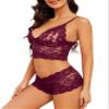 Lilosy Petite Sexy Women Floral Lace Pajamas Lingerie Set High Waist Sheer Sleepwear See Through Nightwear Cami Shorts Bra and Panty 2 Piece Wine Red X-Small view 2