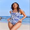 AI'MAGE Women's One Piece Swimsuits Square Neck Monokini Tummy Control Bathing Suit with Adjustable Ruffled Straps Swimwear Blue & White Porcelain Floral M view 2