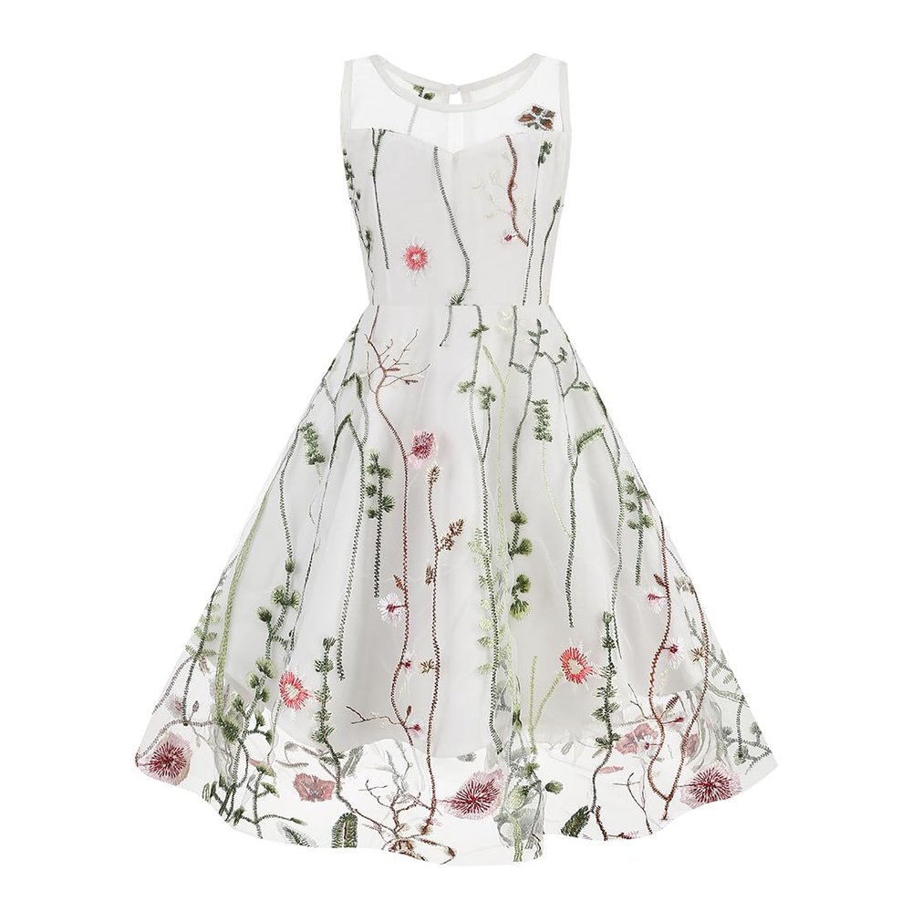 IDOPIP Embroidery Flower Girl Lace Dress for Kids Wedding Bridesmaid Party First Communion Dresses Little Princess Pageant Formal Birthday Gown Graduation Homecoming Dresses White - Mesh 5-6 Years