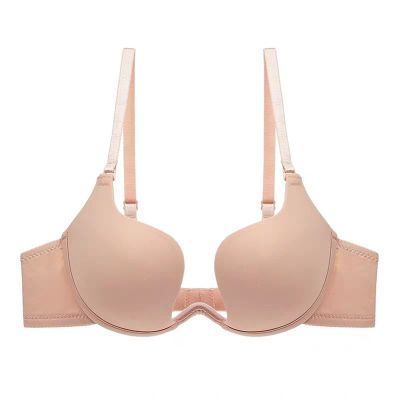 LUXRUB Womens Deep Plunge Bra Convertible Low Back Invisible Bralette Backless Deep U Cleavage Bra Soft Underwire Push Up Bra (Color : Beige, Size : D_75)