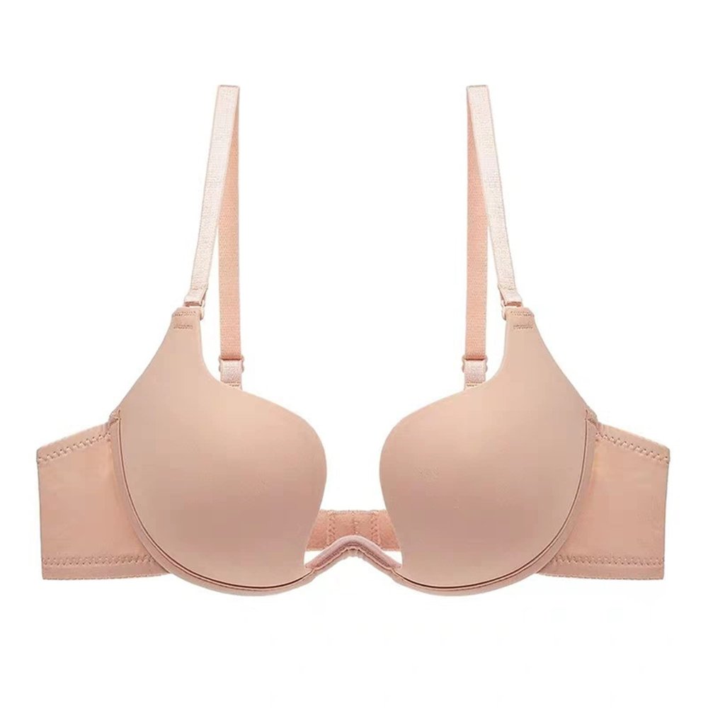 LUXRUB Womens Deep Plunge Bra Convertible Low Back Invisible Bralette Backless Deep U Cleavage Bra Soft Underwire Push Up Bra (Color : Beige, Size : D_75)
