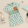 Adobabirl Toddler Baby Boy Summer Clothes Checkered Contrast Color Short Sleeve Tshirt Top Elastic Shorts Cute Outfits (Checkerboard Green,18-24 Months) view 2