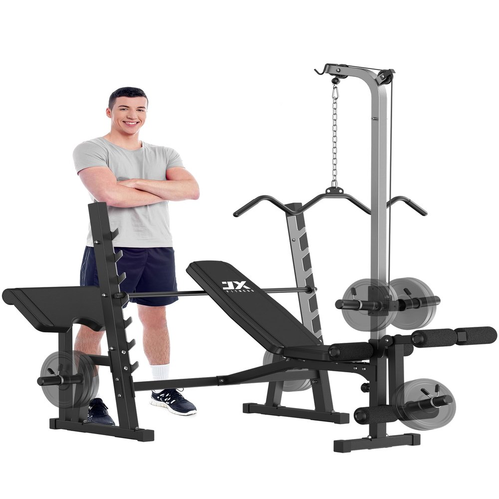 JX FITNESS Olympic Weight Bench with Preacher Curl Pad and Leg Developer, Workout Bench Press Multi-Function Weight Lifting Gym/Home Gym