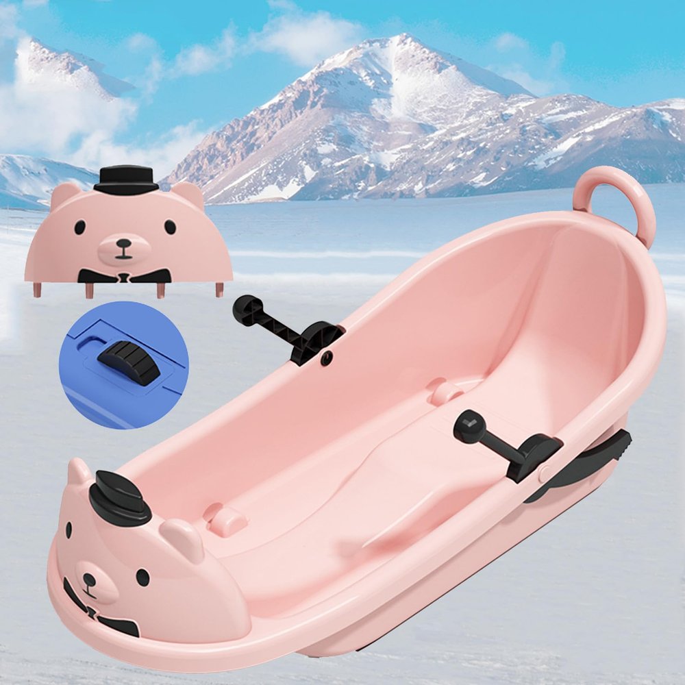 Plastic Snow Sled -Children's Cartoon Bear Sled, with Pulleys Big Backrest Sled, Thickened Sled, Plastic Sled