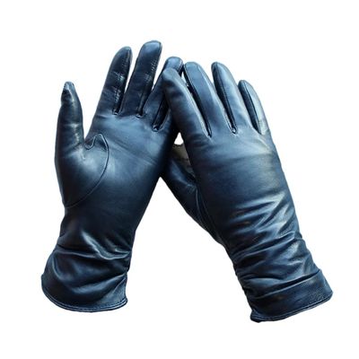 Sheepskin Gloves Women's Leather Classic Plus Fleece Lining Autumn And Winter Outdoor Travel Driving Mittens Navy Blue 7 1/2