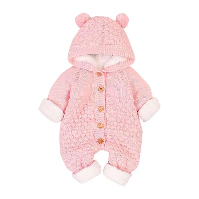 Newborn Baby Jumpsuit Autumn Winter Solid Color Cartoon Buckle Up Knitted Snowsuit Infant Hooded (Pink, 0-3 Months)