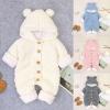 Newborn Baby Jumpsuit Autumn Winter Solid Color Cartoon Buckle Up Knitted Snowsuit Infant Hooded (Pink, 0-3 Months) view 2