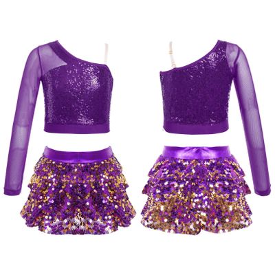 Agoky Kids Girls Shiny Sequins Jazz Hip Hop Dance Outfits Modern Dancing Costumes Performance Dancewear 6-16 Years Purple C 12 Years