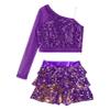 Agoky Kids Girls Shiny Sequins Jazz Hip Hop Dance Outfits Modern Dancing Costumes Performance Dancewear 6-16 Years Purple C 12 Years view 2