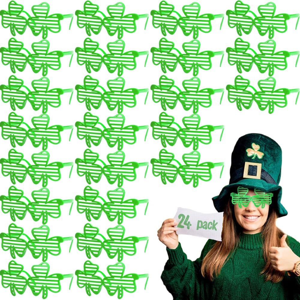 24 Pack St. Patricks Day Shamrock Shutter Glasses, Shamrock Four Leaf Clover Plastic Shutter Shades Glasses Sunglasses for St. Patrick's Day Party Favors, Photo Booth Props, Costume Accessories