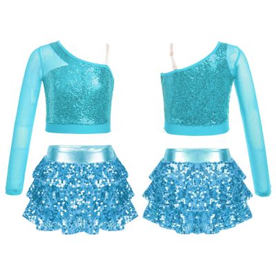 Agoky Kids Girls Shiny Sequins Jazz Hip Hop Dance Outfits Modern Dancing Costumes Performance Dancewear 6-16 Years Light Blue C 10 Years