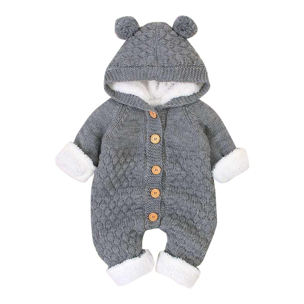 Newborn Baby Jumpsuit Autumn Winter Solid Color Cartoon Buckle Up Knitted Snowsuit Infant Hooded (Grey, 18-24 Months)