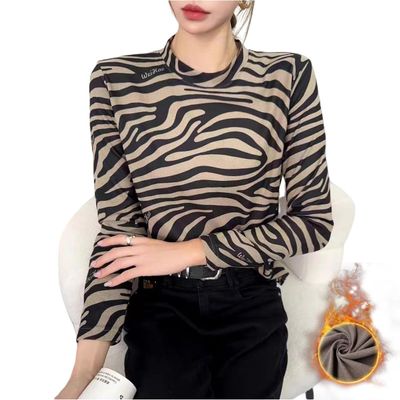 Freaswind Dralon Crew Neck Tops for Women Autumn Winter Thickened Thermal Underwear Inner Warm Printed Long-Sleeved Shirt (US, Alpha, XX-Large, Regular, Regular, Zebra Print)
