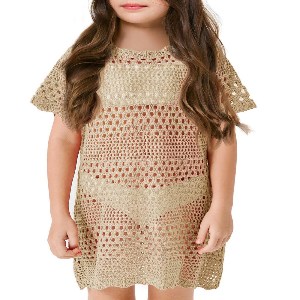 Batermoon Girls Swim Cover Up Crochet Bathing Suit Cover Ups Short Sleeve Summer Beach Dress 5-14 Years