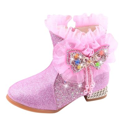 JEUROT Girls Dress Cowgirl Boots Side Zipper Mid Calf Boots Princess Glitter Boots Kids Party Low Heel Mesh Top Cowboy Boots