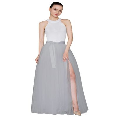 EllieHouse Split Long Floor Length Tulle Skirt for Prom Party Evening Light Grey XL