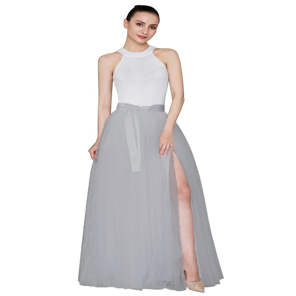 EllieHouse Split Long Floor Length Tulle Skirt for Prom Party Evening Light Grey XL