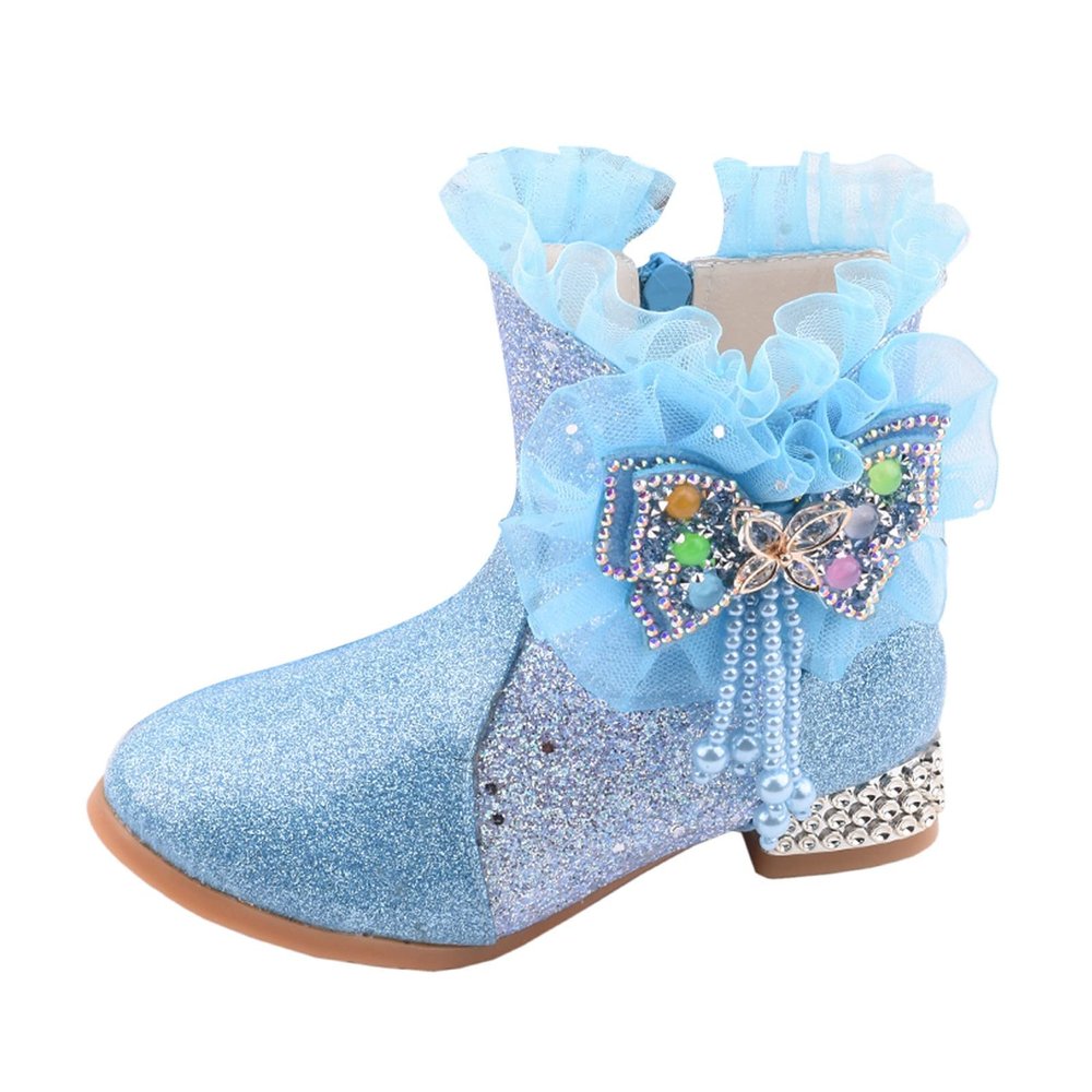 JEUROT Girls Dress Cowgirl Boots Side Zipper Mid Calf Boots Princess Glitter Boots Kids Party Low Heel Mesh Top Cowboy Boots