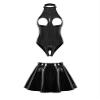 Hedmy Women's PVC Leather Wet Look 2 Piece Exposed Breasts Bodysuit with Mini Skater Skirts Set Black Small view 1