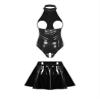 Hedmy Women's PVC Leather Wet Look 2 Piece Exposed Breasts Bodysuit with Mini Skater Skirts Set Black Small view 2