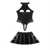 Hedmy Women's PVC Leather Wet Look 2 Piece Exposed Breasts Bodysuit with Mini Skater Skirts Set Black Small view 3