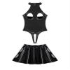 Hedmy Women's PVC Leather Wet Look 2 Piece Exposed Breasts Bodysuit with Mini Skater Skirts Set Black Small view 4