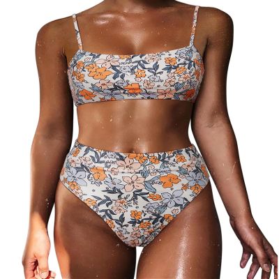 MOSHENGQI Women High Waisted High Cut Bikini Push Up Bandeau Swimsuits (S, Yellow Floral)