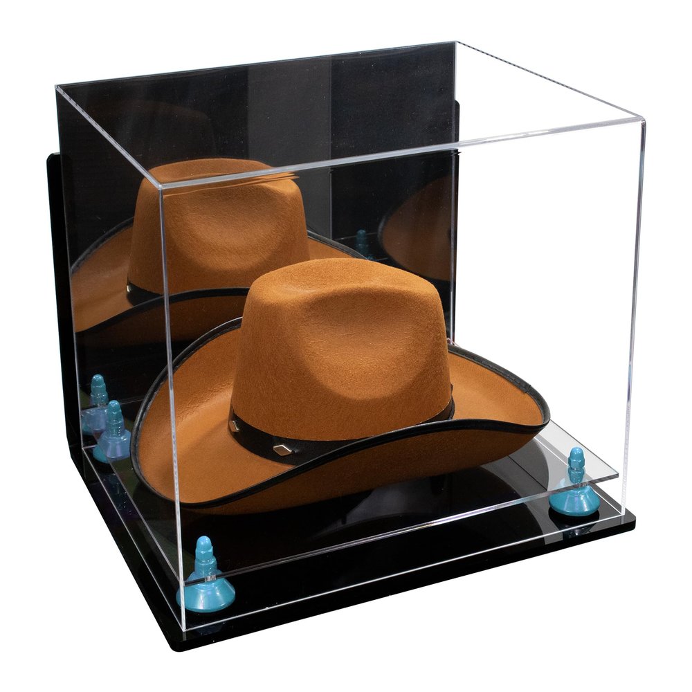 Better Display Cases Acrylic Cowboy Hat Display Case with Mirror Case, Light Blue Risers and Clear Base and Wallmount - 16" x 13" x 12" (A024-B/V61B)