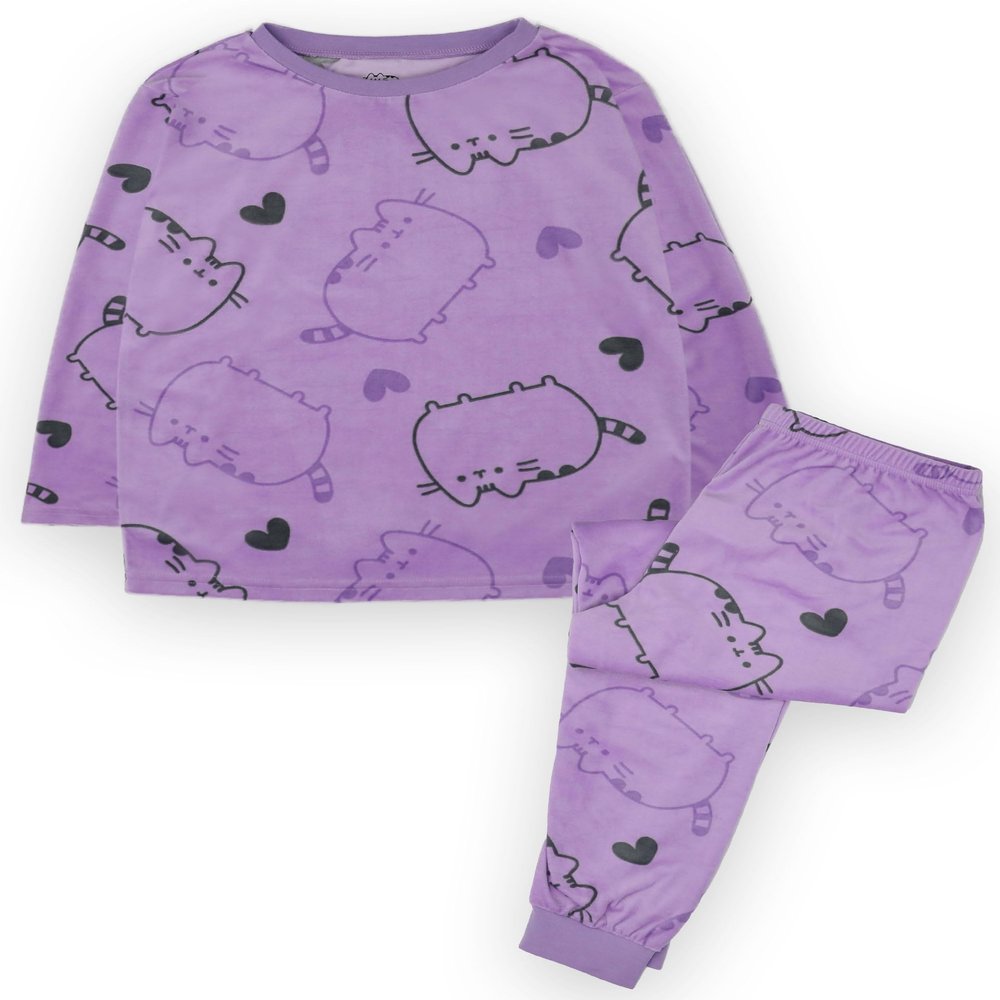 Pusheen Girls Pyjama Set | Purple Velour Fleece All Over Print PJs For Kids | Long Sleeve T-Shirt & Long Leg Pants