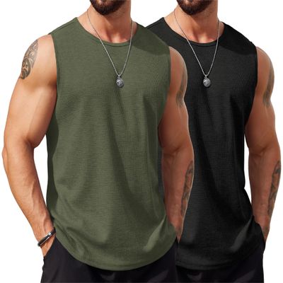 COOFANDY Men's 2 Pack Sleeveless Tank Top Workout Gym Muscle Bodybuilding Tee - Black/Army Green