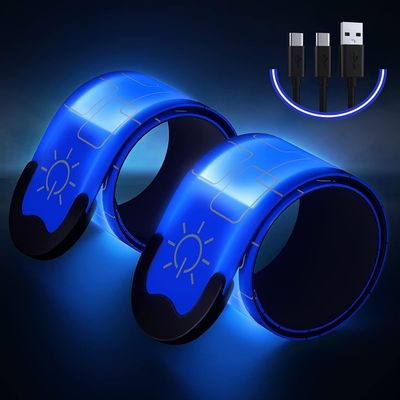 2 Pcs LED Luminous Armband, Rechargeable Running Bracelet, High Visibility Reflective Belt Wristbands for Night Cycling Walking Joggers Running Gear.(Blue)