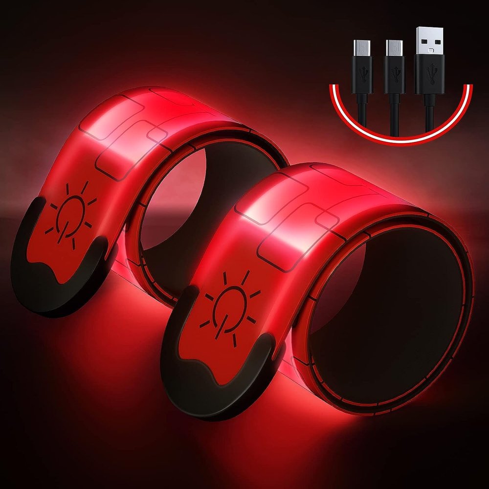 2 Pcs LED Luminous Armband, Rechargeable Running Bracelet, High Visibility Reflective Belt Wristbands for Night Cycling Walking Joggers Running Gear.(Red)