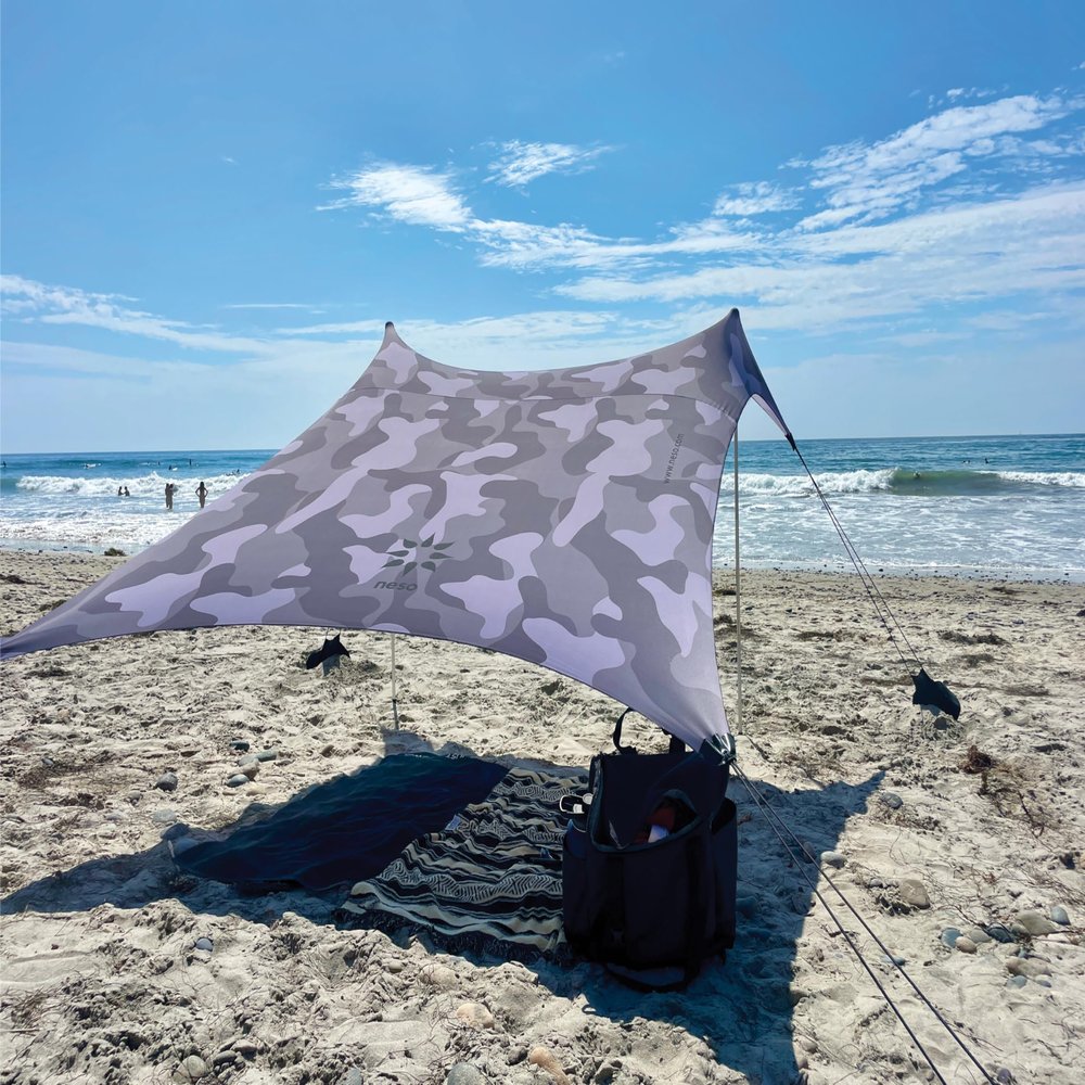 Neso Portable Beach Tent Sun Shelter with Sand Anchor - Lightweight Beach Shade Canopy - Easy Setup for Family Outings - Patented Reinforced Corners - UPF 50+ Sun Protection - 7 x 7ft - Grey Camo