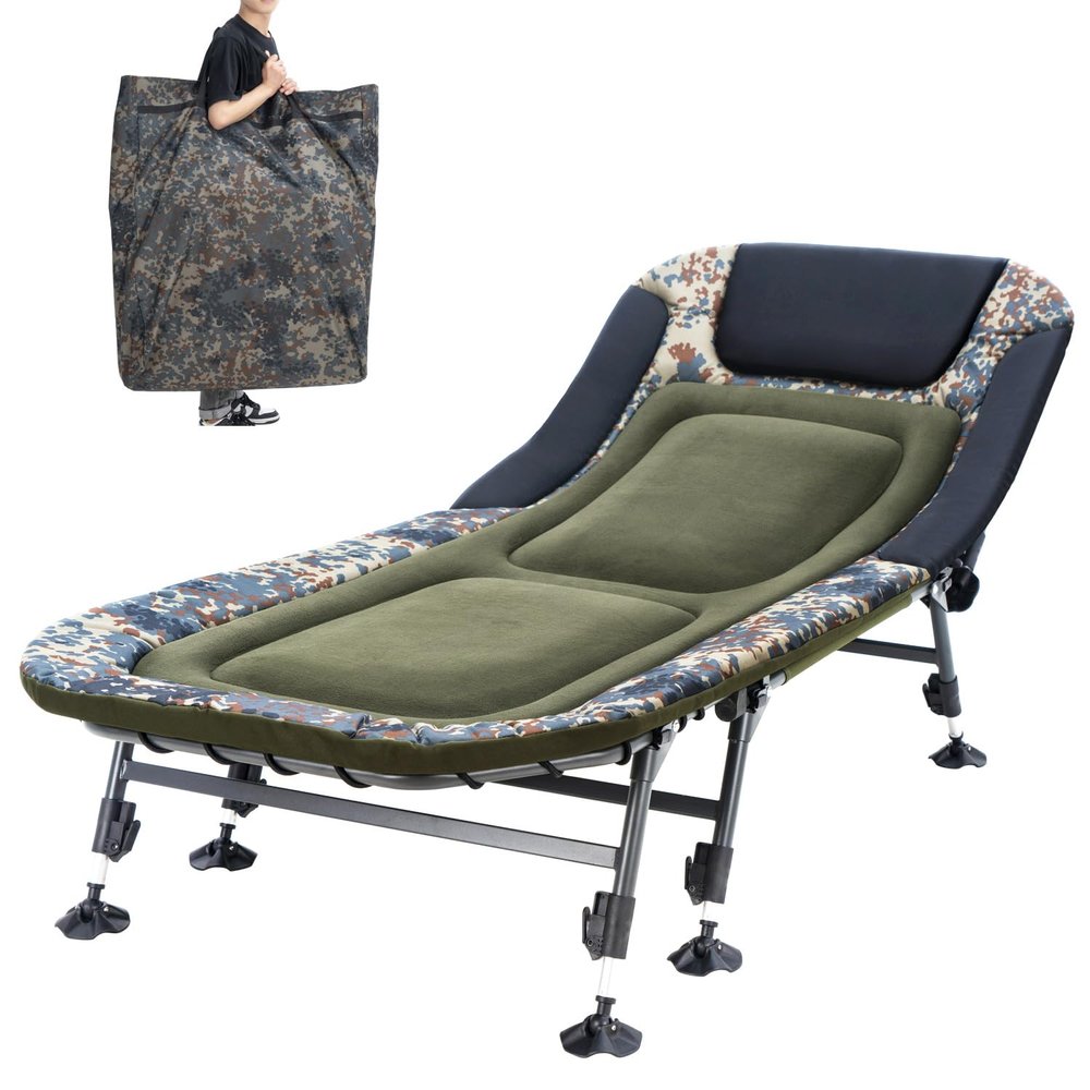 YOUGYM XXL Camping Cot for Adults 330Lbs with Carry Bag, Heavy Duty Folding Bed with Soft Padded Cushion, Portable Camp Bed for Hunting, 180 Adjustable Reclining Outdoor Lounger, Camouflage