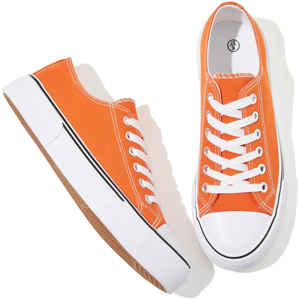 Adokoo Canvas Tennis Shoes for Women Low Top Casual White Black Sneakers for Women Lace Up Fashion Comfortable Walking Shoes (Orange,5.5)