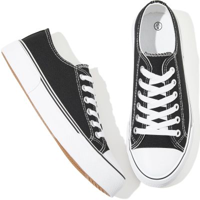 Adokoo Canvas Tennis Shoes for Women Low Top Casual White Black Sneakers for Women Lace Up Fashion Comfortable Walking Shoes (Black,9)