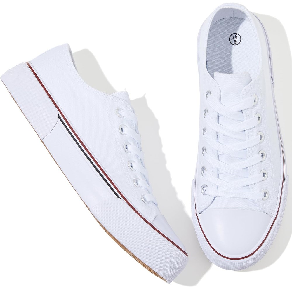 Adokoo Canvas Tennis Shoes for Women Low Top Casual White Black Sneakers for Women Lace Up Fashion Comfortable Walking Shoes (White,10)