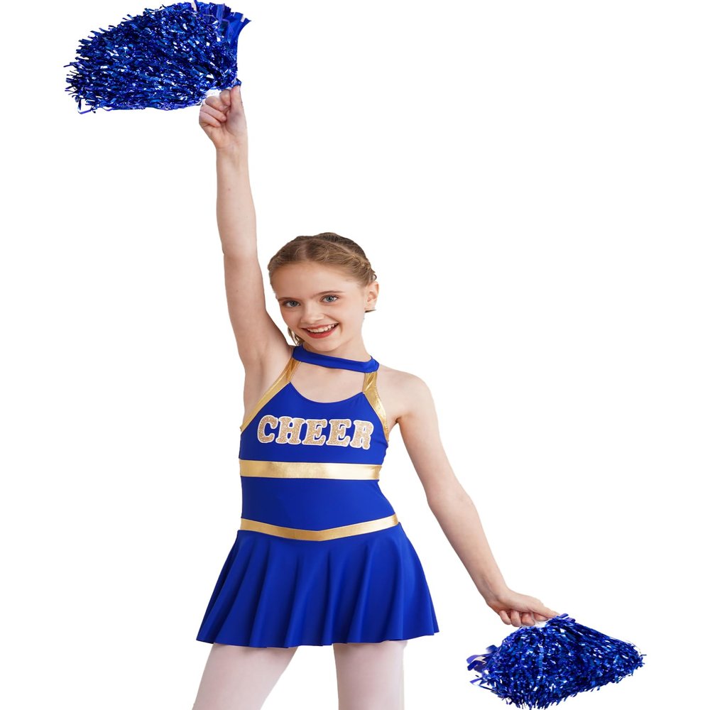 JEATHA Kids Girls Cheerleading Outfits Shiny Sequin Cheer Leader Dance Dress with Shorts and Matching Pom-poms Royal Blue F 14 Years