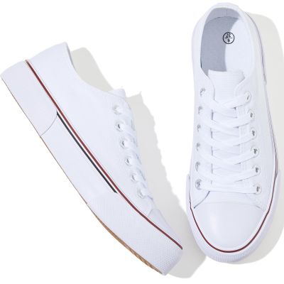 Adokoo Canvas Tennis Shoes for Women Low Top Casual White Black Sneakers for Women Lace Up Fashion Comfortable Walking Shoes (White,6.5)