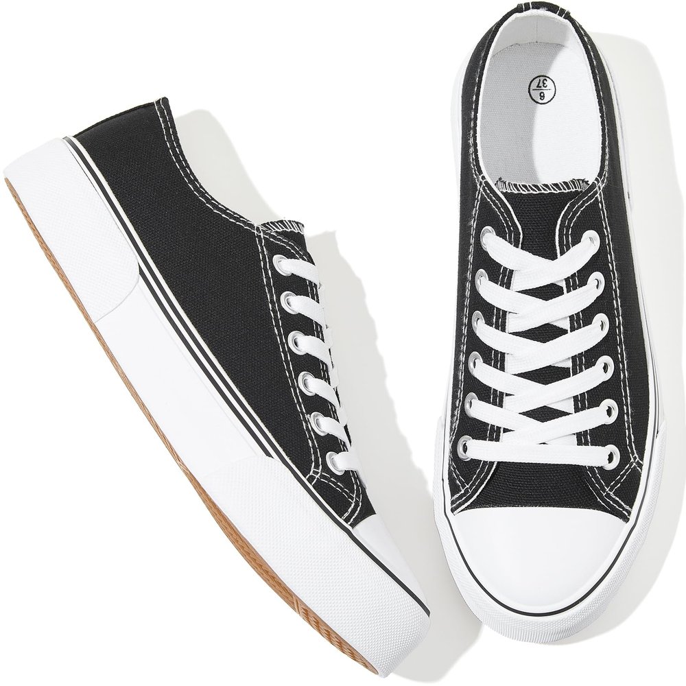 Adokoo Canvas Tennis Shoes for Women Low Top Casual White Black Sneakers for Women Lace Up Fashion Comfortable Walking Shoes (Black,9.5)