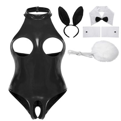 Miutii Women's Sexy Bunny Girl Cosplay Costume Wetlook Cutout Bodysuit Naughty Rabbit Lingerie Set Black Medium