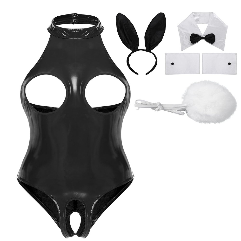 Miutii Women's Sexy Bunny Girl Cosplay Costume Wetlook Cutout Bodysuit Naughty Rabbit Lingerie Set Black Medium