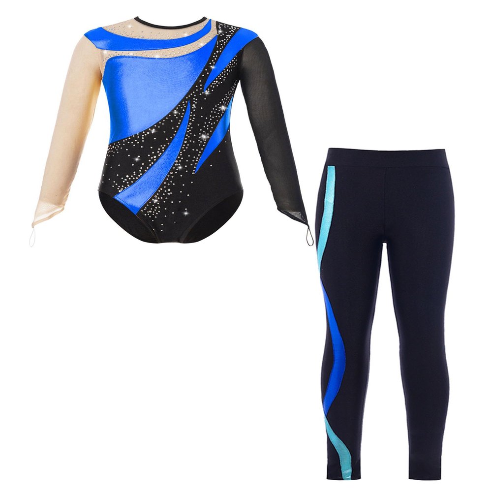 Xnihocha Kids Girls Patchwork Long Sleeve Gymnastics Leotards with Athletic Leggings Unitard Dance Outfits Royal Blue 14 Years