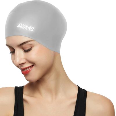 Aegend Swim Caps for Long Hair, Durable Silicone Swimming Caps for Women Men Adults Youths, Easy to Put On and Off, Waterproof Swim Hats Bathing Caps to Keep Hair Dry, 1 Pack, Grey